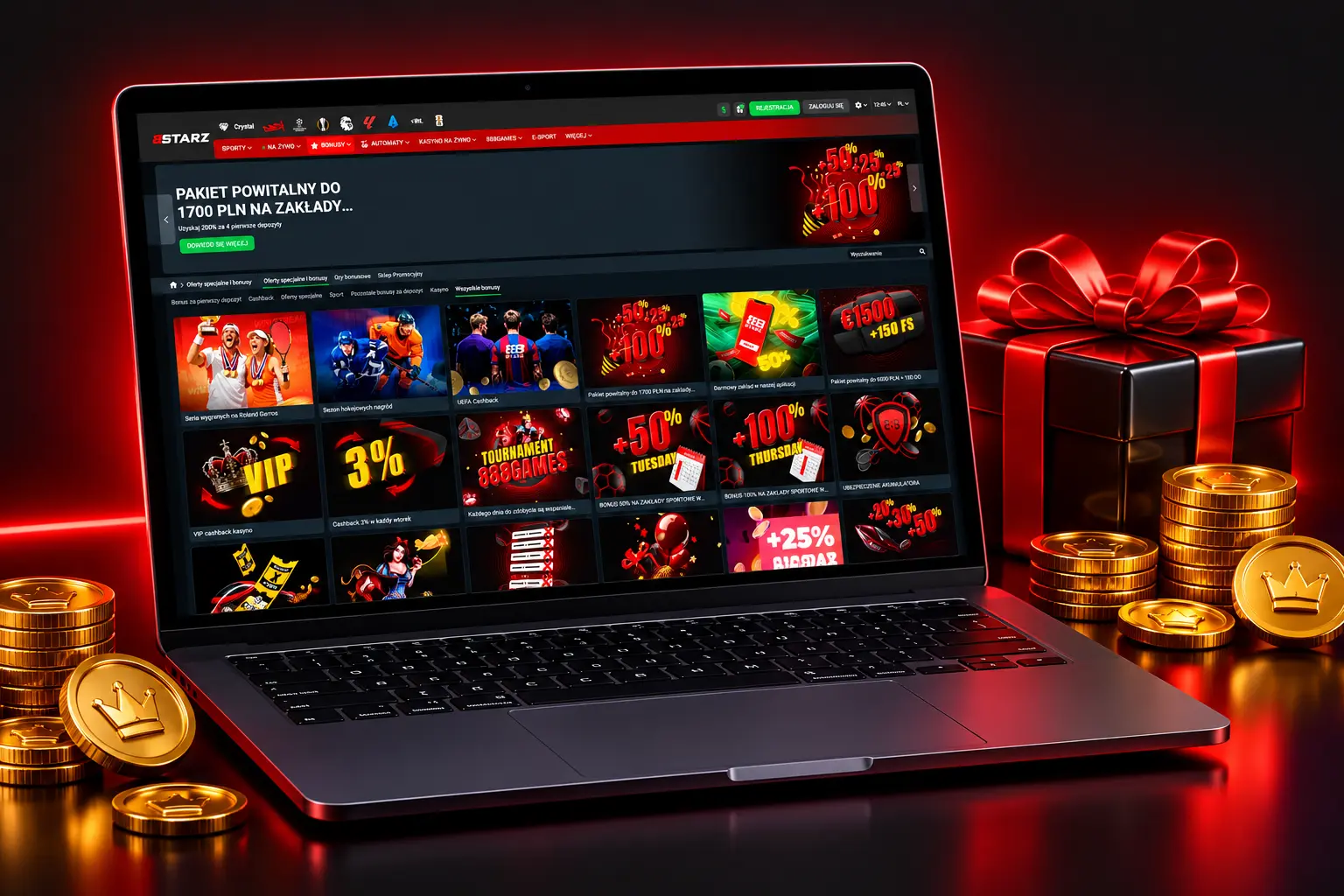 Laptop ze stroną bonusów 888starz i monetami
