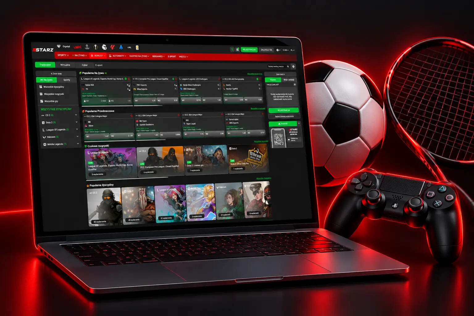 Strona e-sportu 888starz, pad, piłka i rakieta